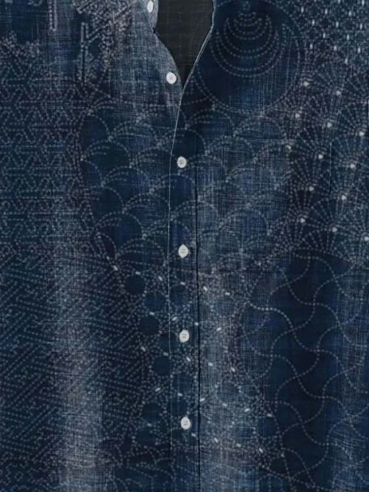 สํานักงานสวมใส่ผู้ชายญี่ปุ่นแบบดั้งเดิม Sashiko Art Vintage พิมพ์เสื้อลําลองฤดูร้อนปุ่มแขนสั้น Chic Tops