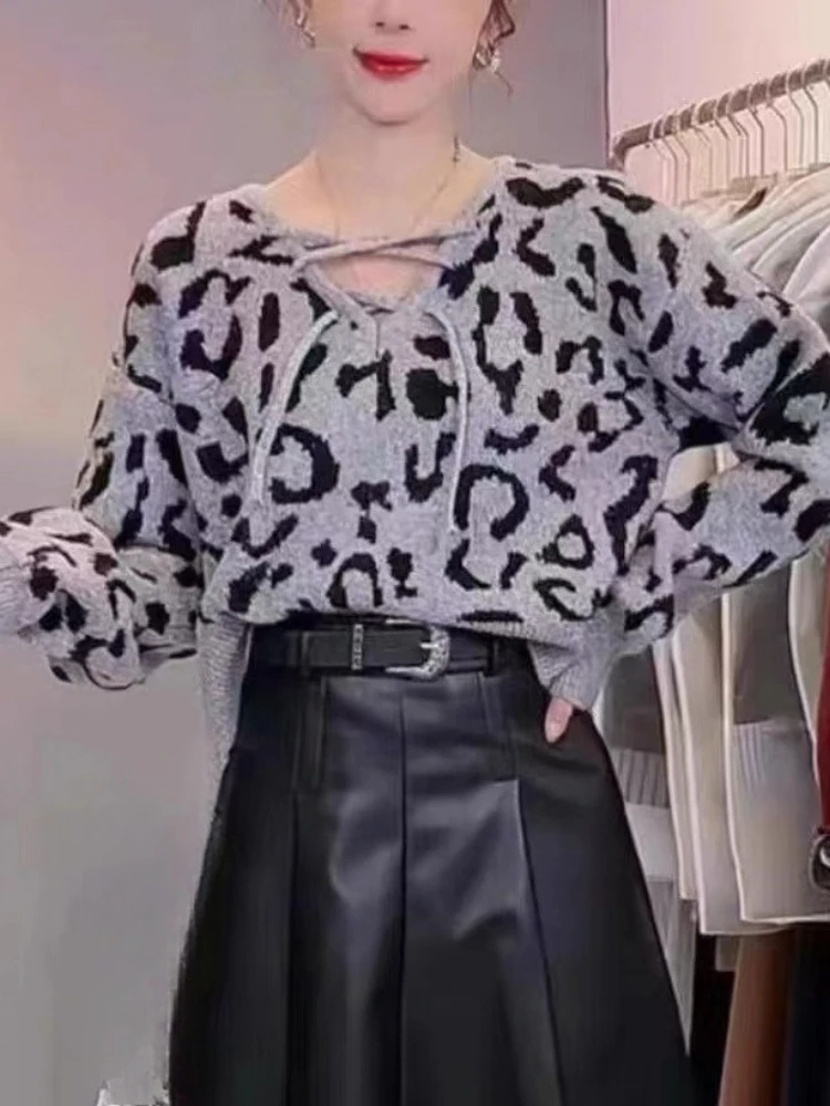 

Leopard Print Pullovers Women Clothing Pull Femme Long Sleeve V-neck Bandage Jumper Sueter Mujer Sexy Chic Knitted Sweater Tops