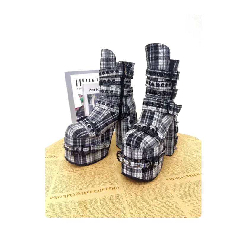 

Gothic Punk Plaid Platform Ankle Boots 13cm Super High Heel Buckle Short Boots For Women Sweet Lolita Princess Boots