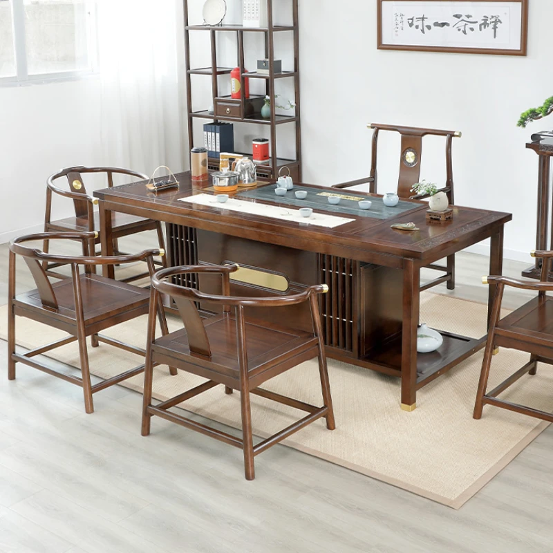 2.2-meter new Chinese style solid wood tea table and chair combination tea table and tea set, integrated office rosewood