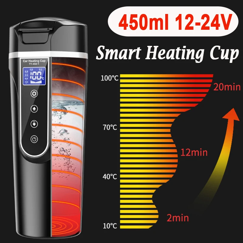 12V-24V Portable Car Heating Cup 304 Stainless Steel Water Warmer Bottle Car Kettle Coffee Milk Mug LCD Display Temperature