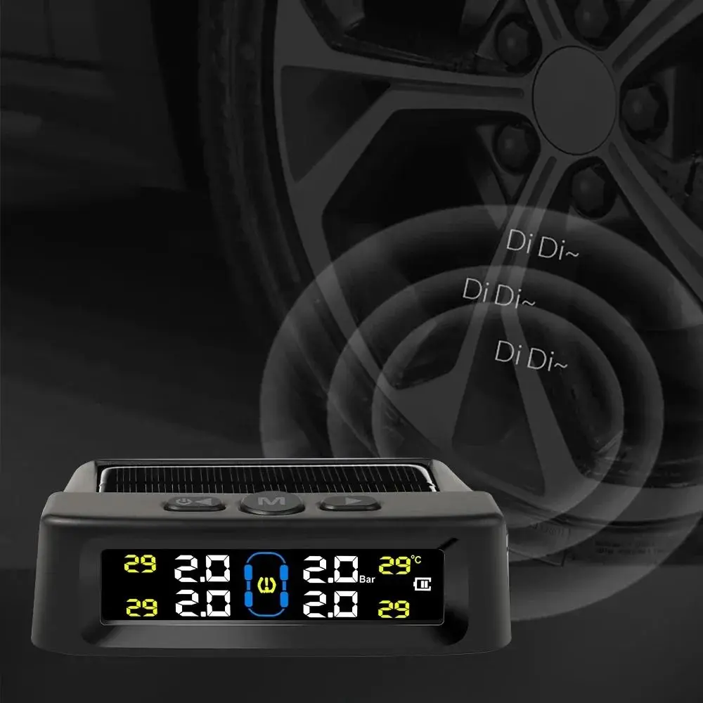 

Wireless Car Tire Pressure Monitor Solar/USB Powered TPMS Tire Pressure Sensors with 4 Pressure Sensors Automatic Alarm