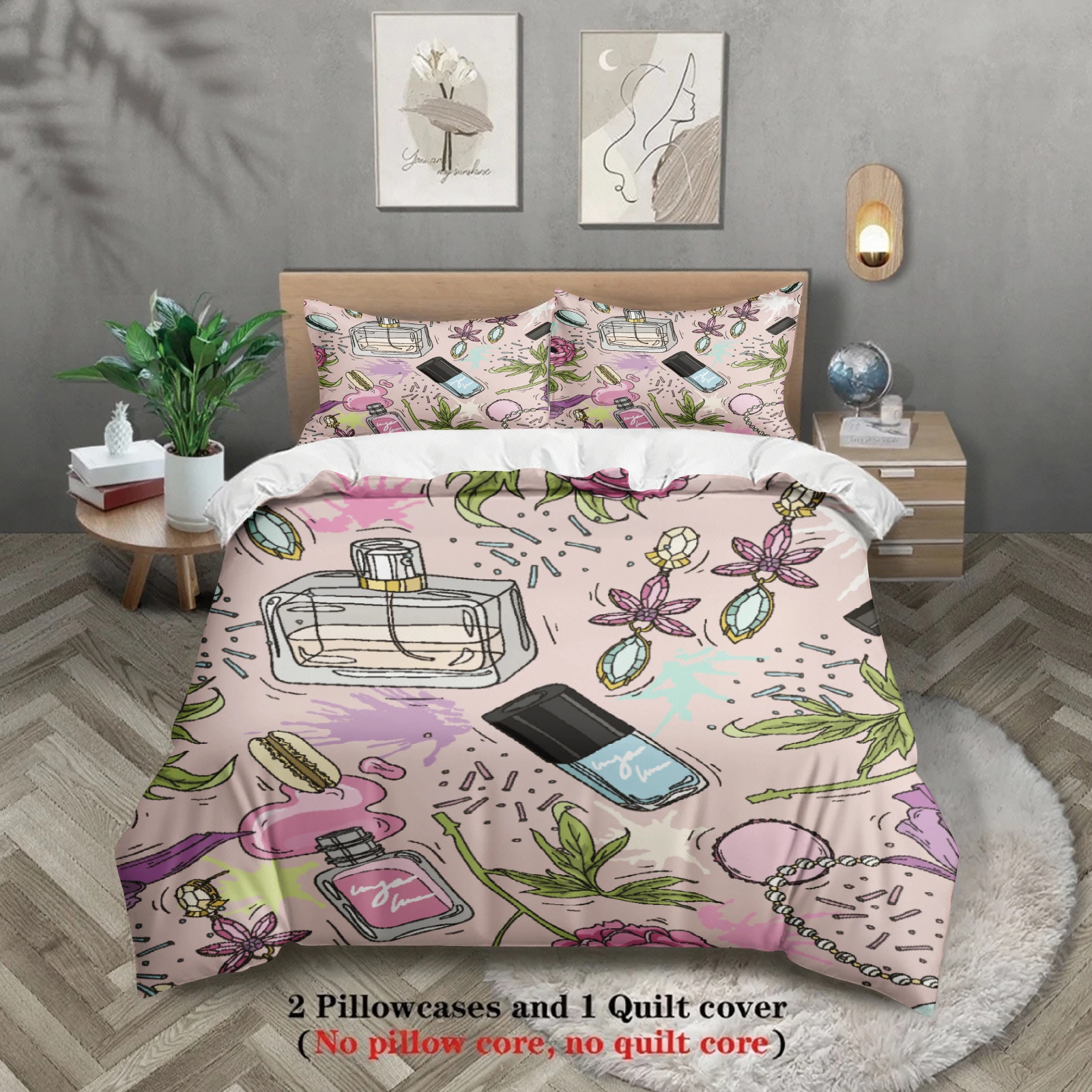 3pcs Bedding Sets 3D Printed Perfume Bottle And Flowers Duvet Cover Sets With Pillowcases No Filling