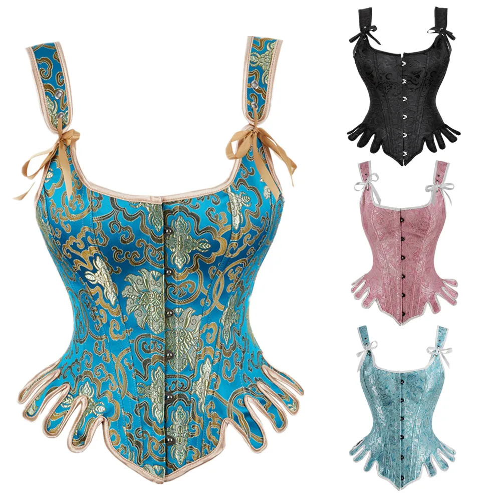 

Sexy Vintage Court Gothic Steampunk Frenulum Adjustment Fan Shaped Jacquard Corset Shoulder Strap Bustier Vest