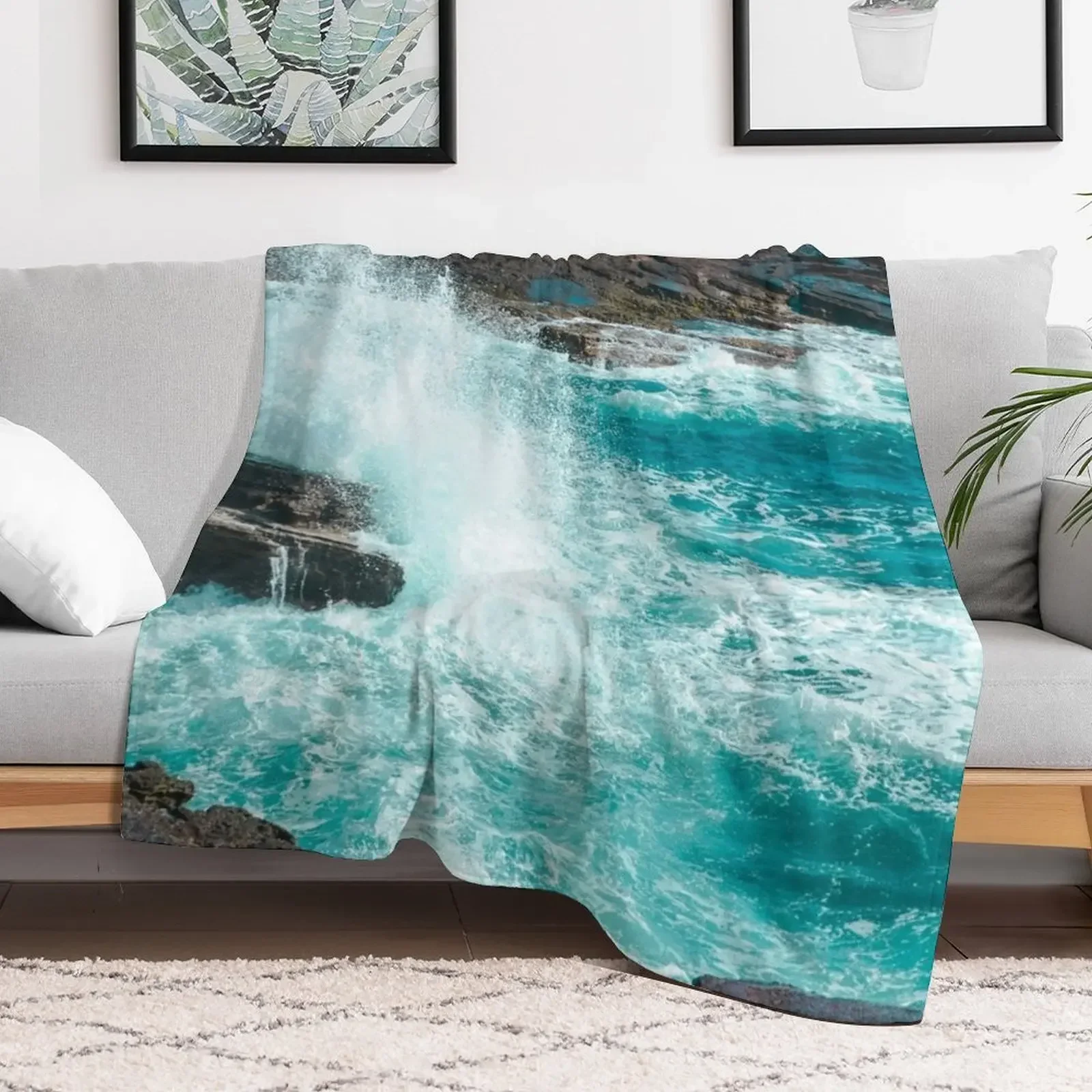 New Cliffside Turquoise Blue Ocean Shore Waves Throw Blanket Custom Flannels Blankets