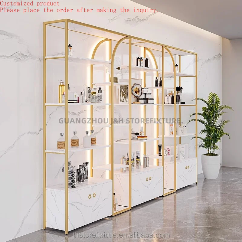 

Factory Cheap Price Nail showcase Luxurious Stainless Steel Display Shelf for Hair Products Skin Care Cosmetic Display Cabinet