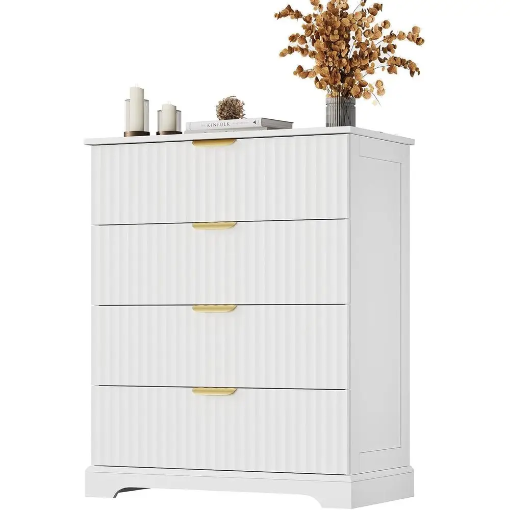 White Wooden 4-Drawer Fluted Dresser with Metal Handles for Bedroom, Living Room, and Entryway