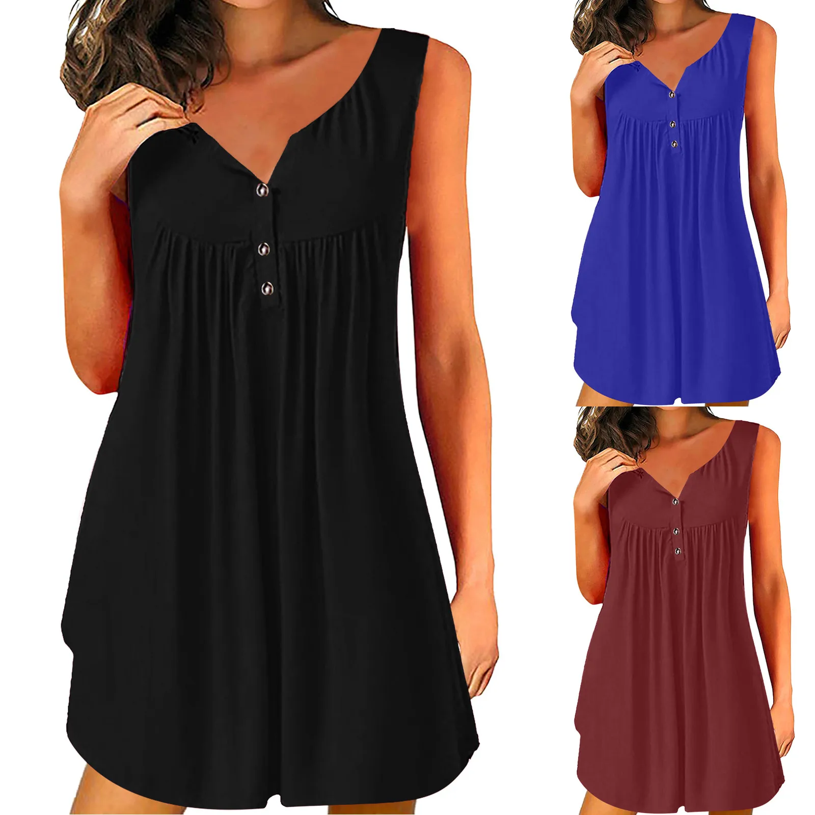 

Women's Fashion Vest Waist Waist Large Swing Dress Round Neck Buttons
