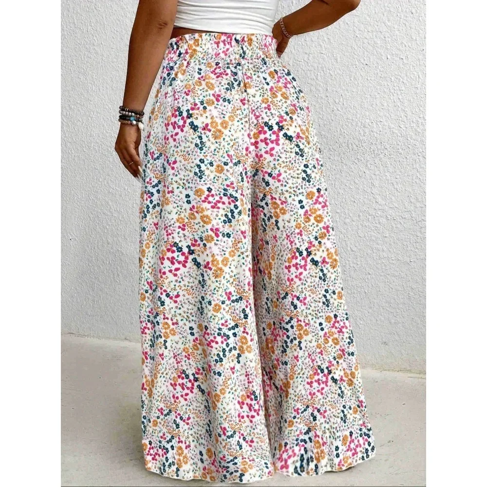 حجم كبير 1XL-5XL المرأة موضة بنطال ذو قصة أرجل واسعة أنثى عادية الأزهار طباعة أنيقة الرباط عالية الخصر فضفاض بنطلون طويل