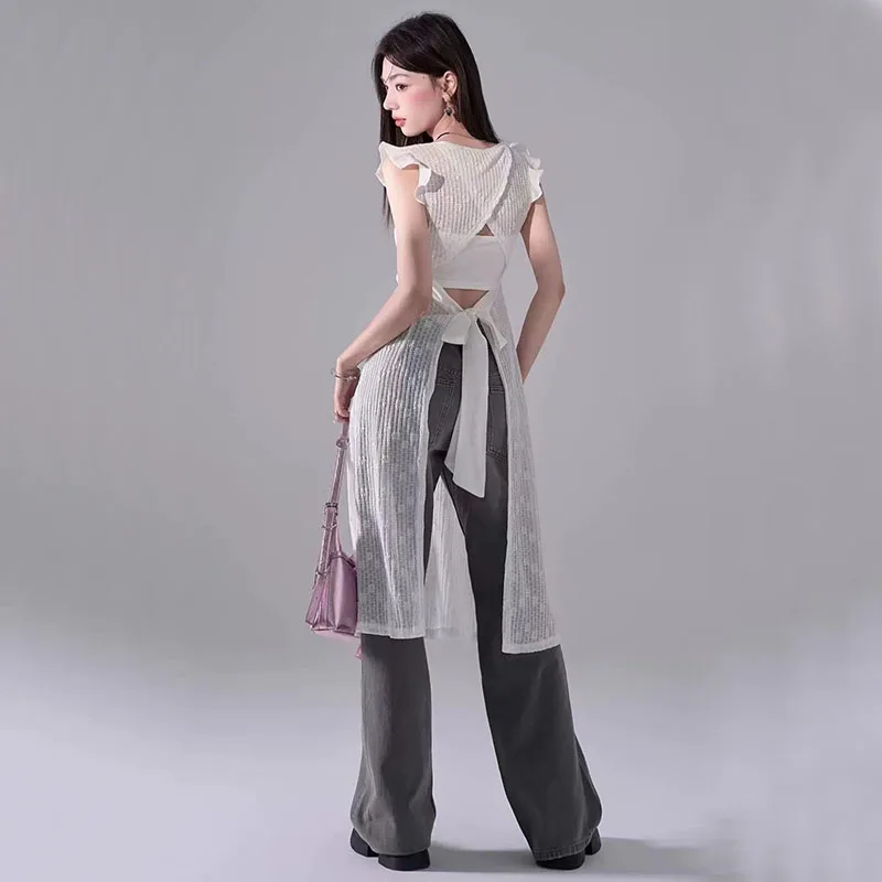 Sexy Hollow Out Lace Dress Women Korean Chic Lace-Up Sleeveless Midi Dress Y2K Summer Fashion Elegant All-Match Party Dresses
