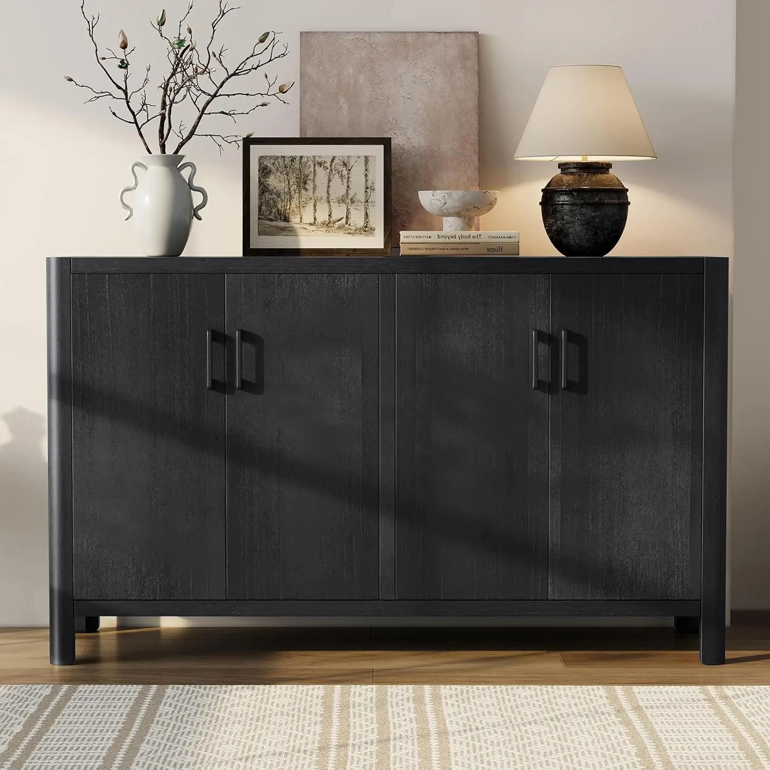 

Farmhouse 4-Door Storage Sideboard Natural Wood Finish Rustic Entryway Small Space, Customized