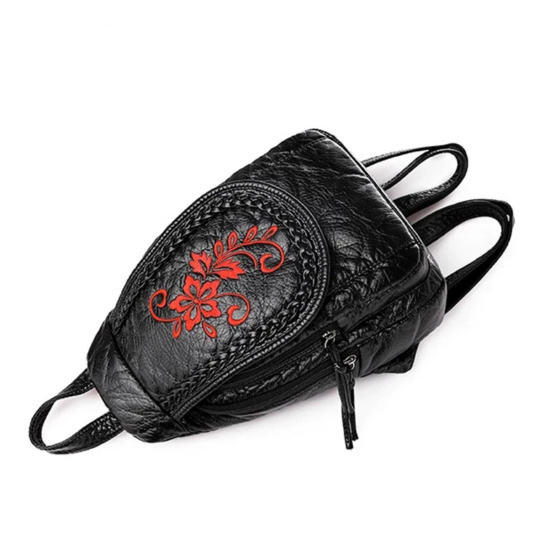 MJ Women PU Leather Backpacks Small Travel Bag Female Soft Leather Bagpack Ladies Embroidery Backpack