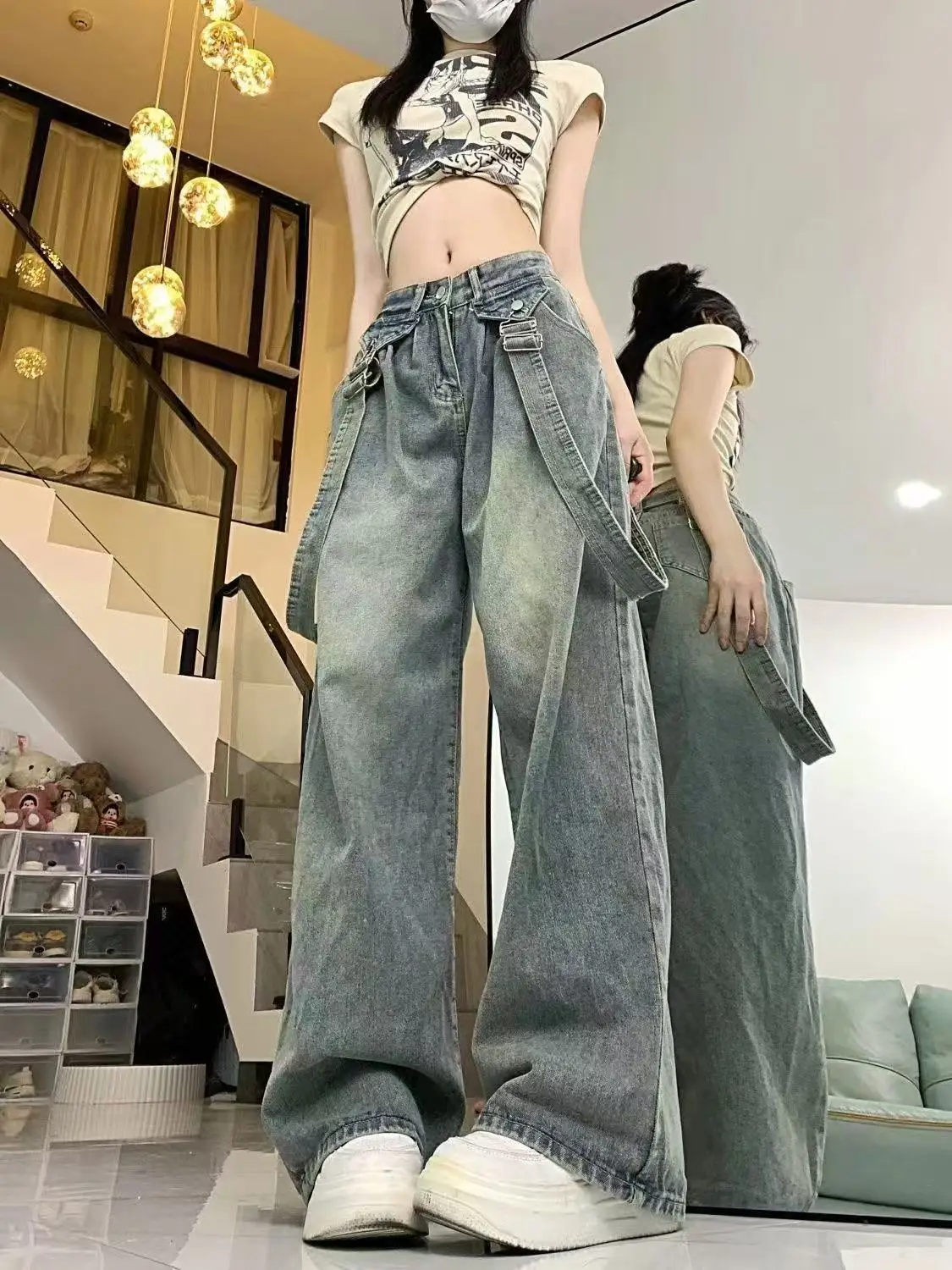 

Summer 2026 Women's Vintage Washed Denim High Waist Overalls Removable Straps Wide Leg Pants Two-Way Wear Short Stature