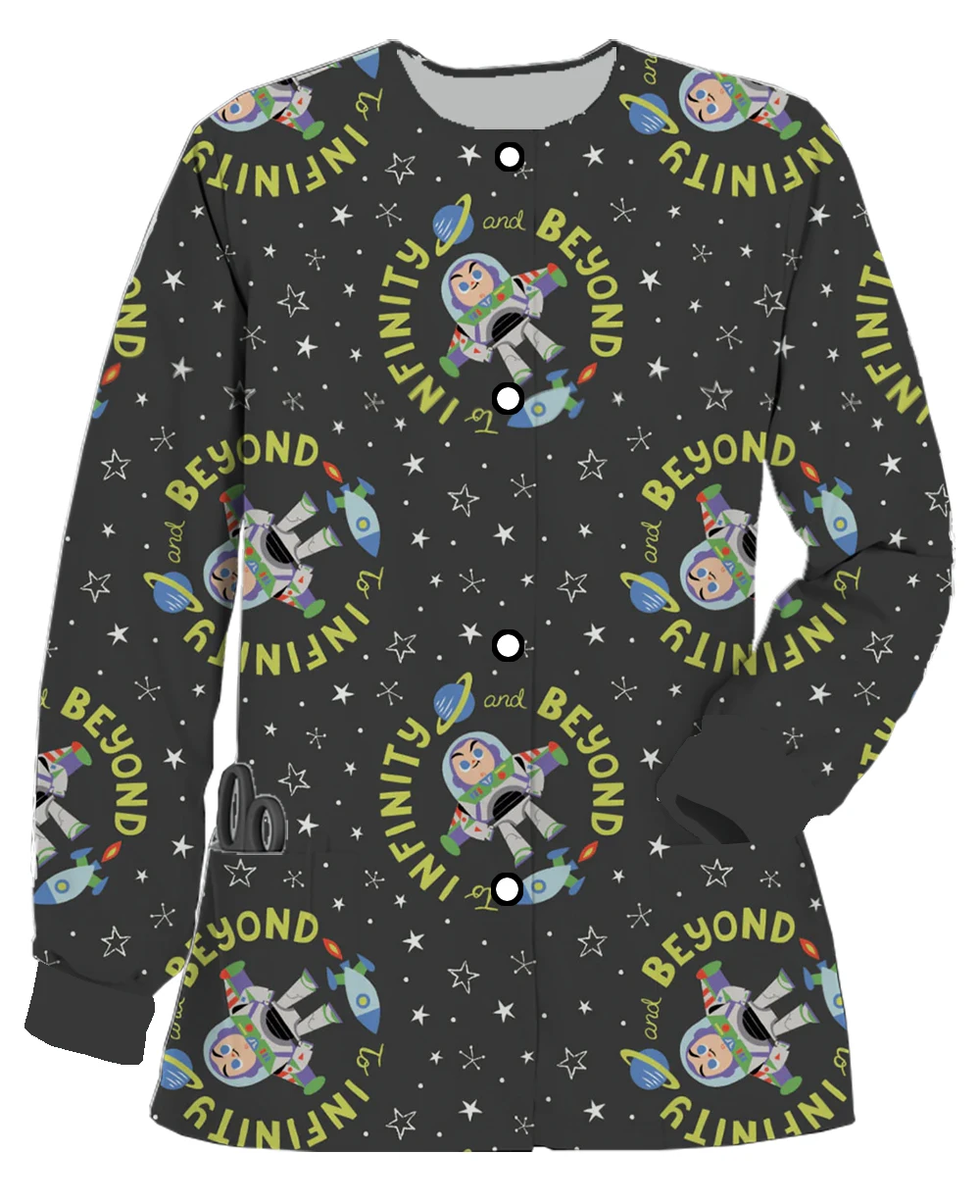 가을, 겨울 새 카디건 자켓 디즈니 버즈 라이트 이어 인쇄 여성 긴 소매 간호사 유니폼 의료 수술복