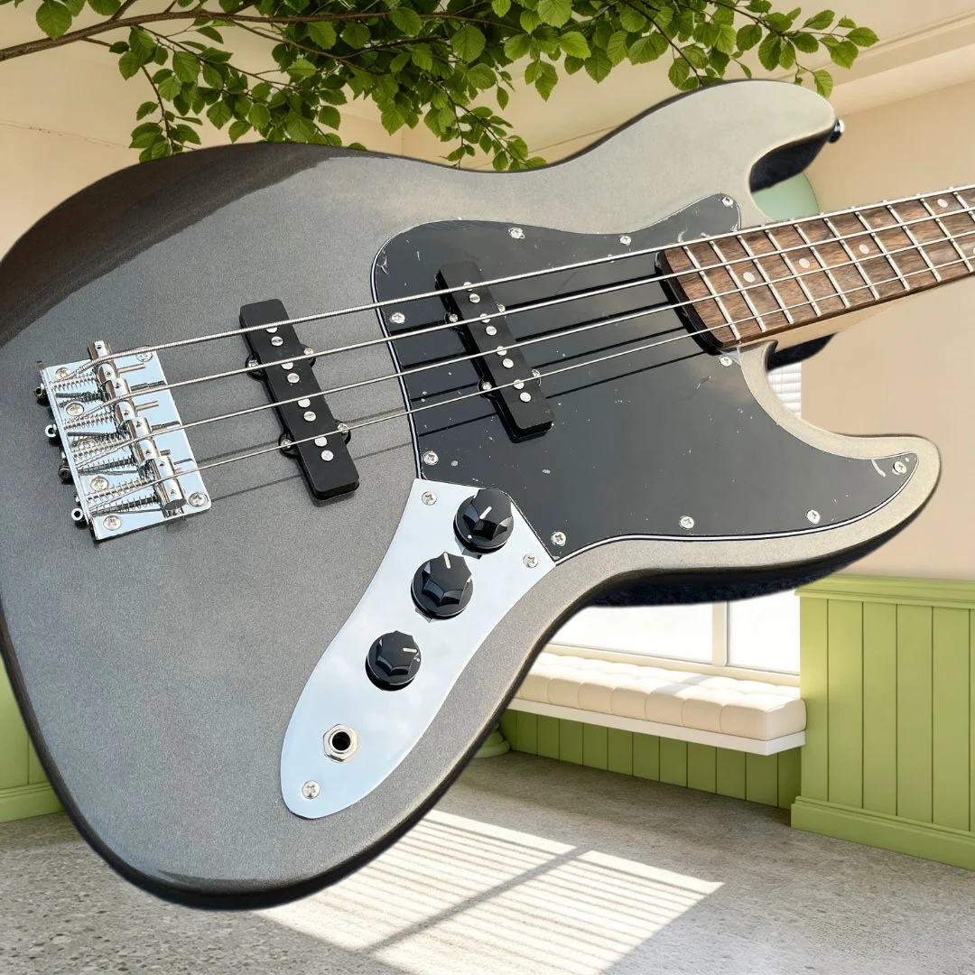Bajo eléctrico JB de 4 cuerdas, cuerpo de caoba, diapasón de palisandro, color gris oscuro metálico, para práctica, grabación y actuación de funk, jazz y rock.