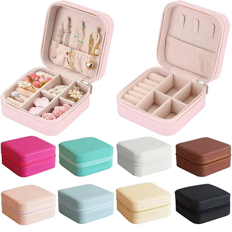 

Portable Jewelry Storage Box for Travel Organizer Leather Jewelry Case Earrings Necklace Ring Jewelry Display Box with Zipper