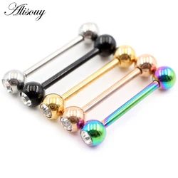 Alisouy 2PC 14G/16G Cubic Zircon Ball Stainless Steel Tongue Rings Piercing Septum Industrial Barbell Earrings Stud Body Jewelry