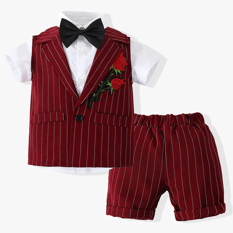 

3Piece Spring Fall Kids Outfits For Baby Boy Clothes Set Fashion Gentleman Suit Stripe Vest+Shirt+Shorts Children Clothing 1924