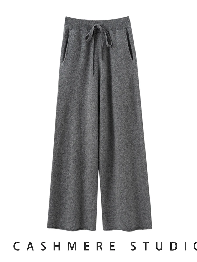 Women's 100% Cashmere Pants Thickness Wide Leg Pants Autumn Winter Office Lady Casual Cashmere Knit Pants Soft Warm Trousers