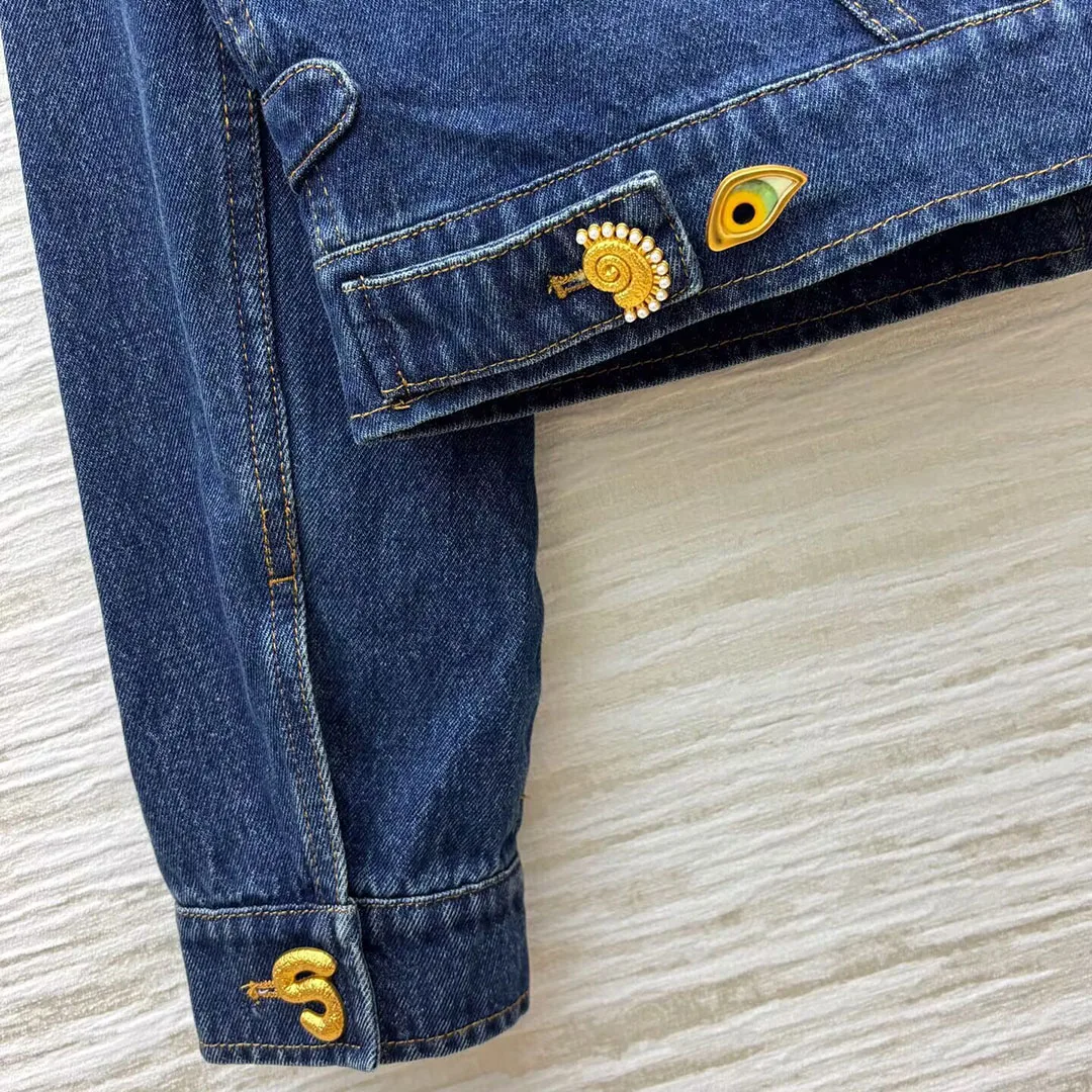 2025 New Autumn High Quality Slim Fit Short Design Blue Denim Jacket Women Lapel Gold Buttons Long Sleeve Patchwork Vintage Coat