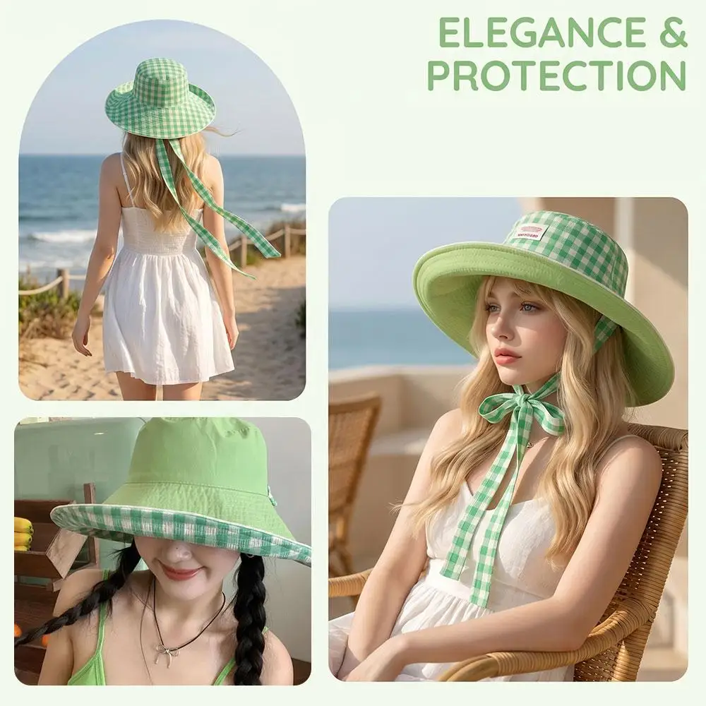 Women Summer UV Protection Wide Brim Sun Hats With Chin Strap Cute Pastel Plaid Beach Hat For Outdoor Travel & Daily Wear