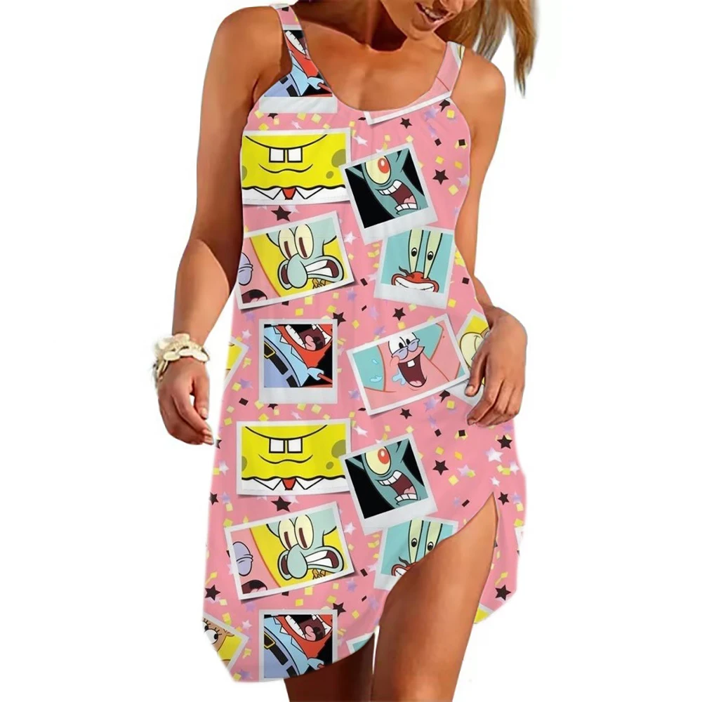 Vestido estampado de Bob Esponja sem mangas feminino, solto, confortável, casual, elegante, novo estilo, verão, 2024