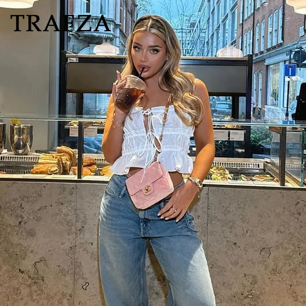 TRAFZA 2024 Spring Summer Sexy Poplin Women Tops Fashion Streetwear Solid Folds Sleeveless Camis Chic Lace Up Short Mini Tops