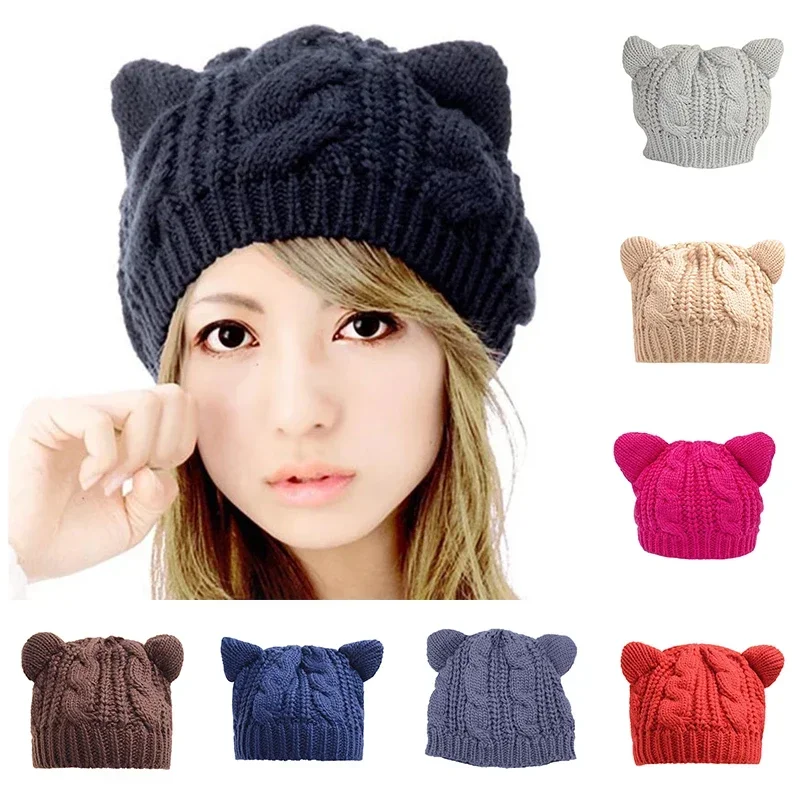 Chapéus de malha Kawaii Cat Ear para mulheres, monocromático, talões de crochê, anime Gorros, chapéu de inverno feminino, boné de lã kawaii