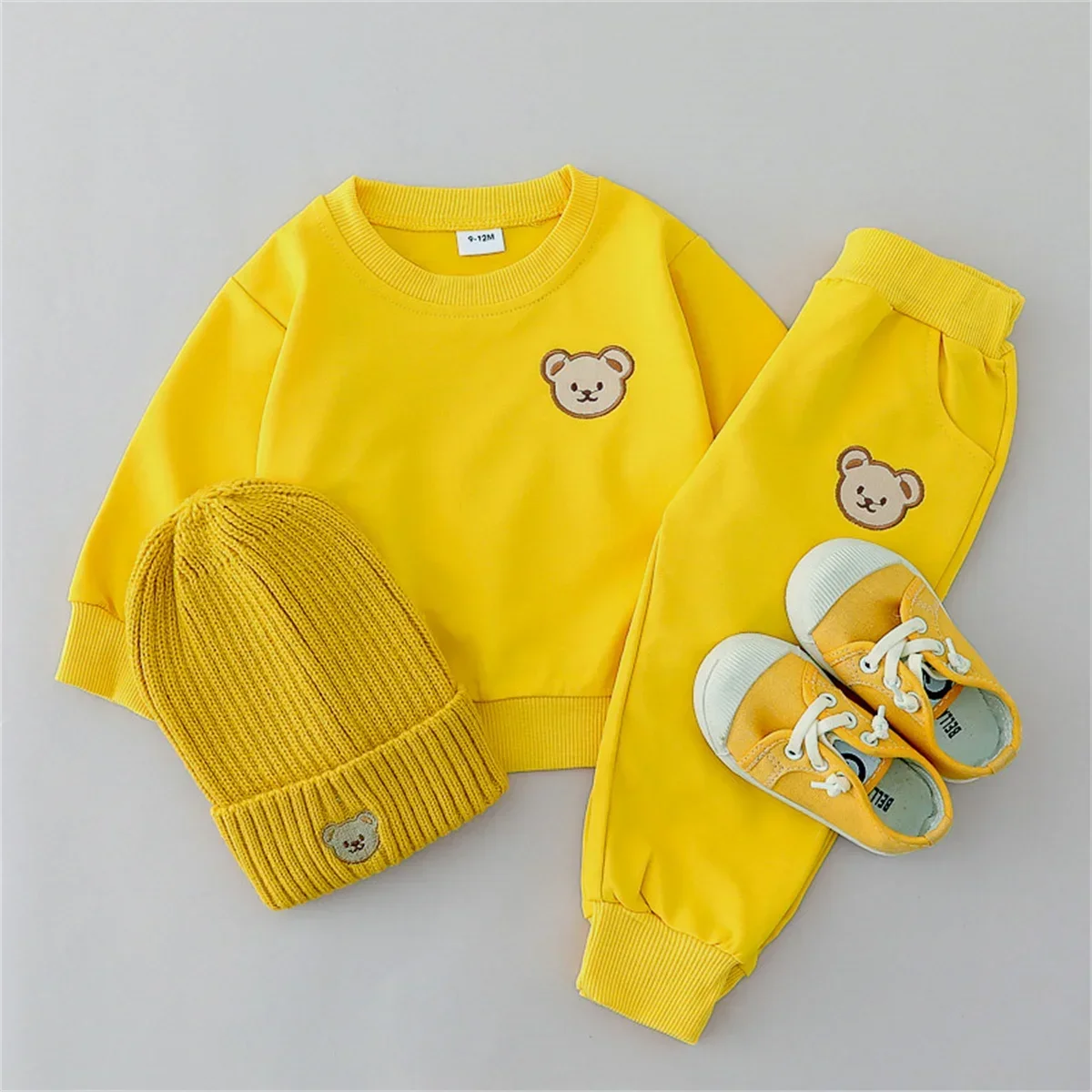 2PCS Children's Set Spring and Autumn Simple Little Bear Head Round Neck Long Sleeve Pants Outdoor Set for Young Children