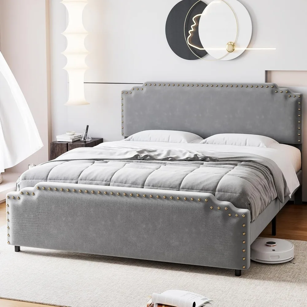 King Size Bed Frame with Headboard, Velvet Upholstered Platform Bed with Rivet Decor, Heavy Duty, No Box Spring Needed,Grey