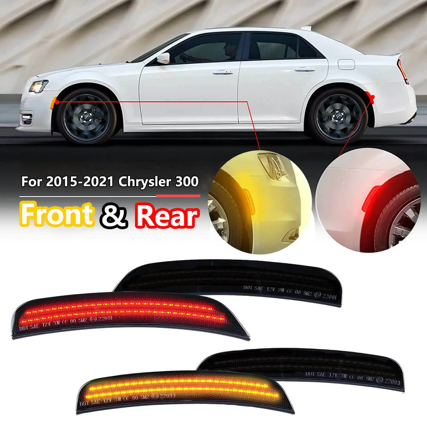 

CARSPEED Front Amber Rear Red Led Side Marker Lights For Chrysler 300 2015-2021 Front Rear Full Set Smoke Light for Chrysler 300