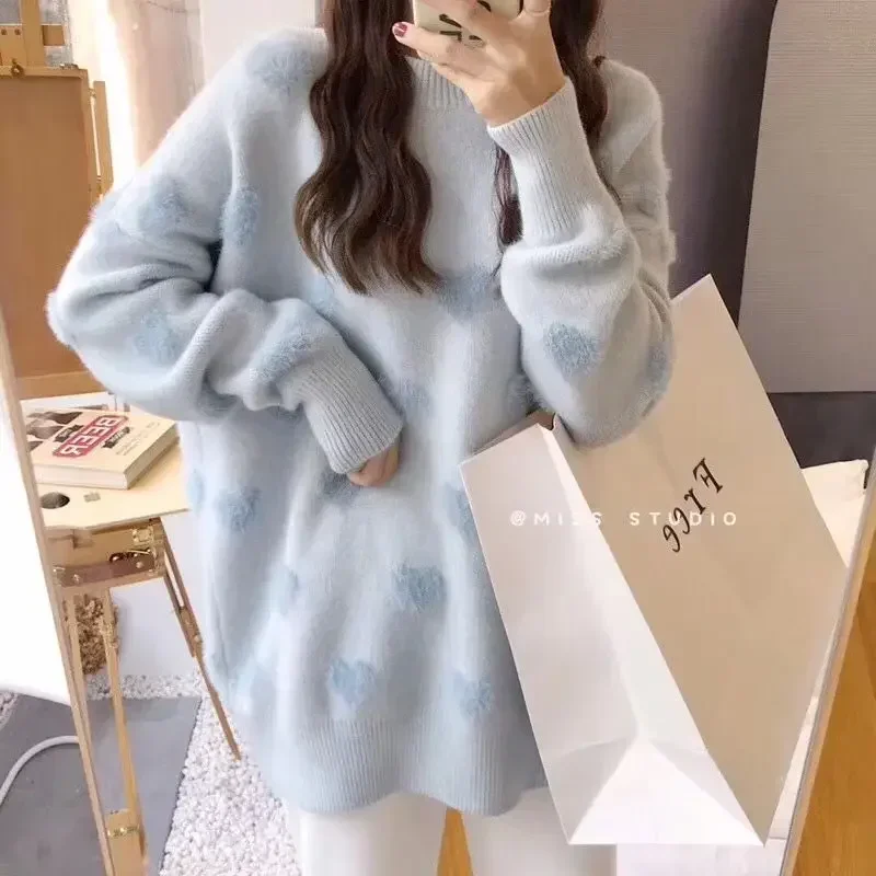 Sweet Sweater Love Heart Design Pullovers Korean Fashion Imitation Mink Velvet Soft Knitted Tops Female Winter Clothing Pink