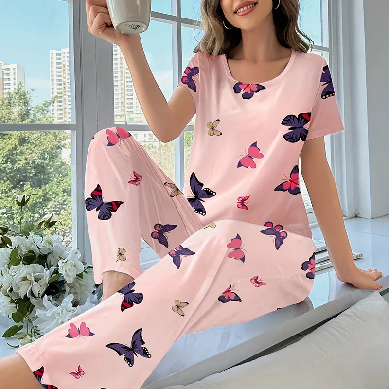 Butterfly Print Home Clothes Casual Milk Silk Pullover Short-sleeved Trousers Suit Pajamas 2 PCS Ladies Home Clothes Sleepwear