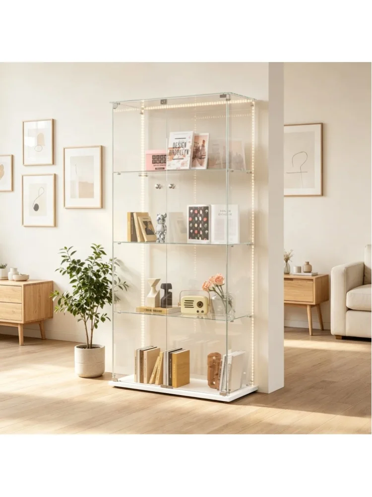 Fangange 4-stöckige Glas-Vitrine mit LED-Beleuchtung, Freistehende Sammlervitrine mit 2 Glastüren & Schloss, Aufbewahrungsschrank für Sammlerstücke, Figuren, Bücher, Wein