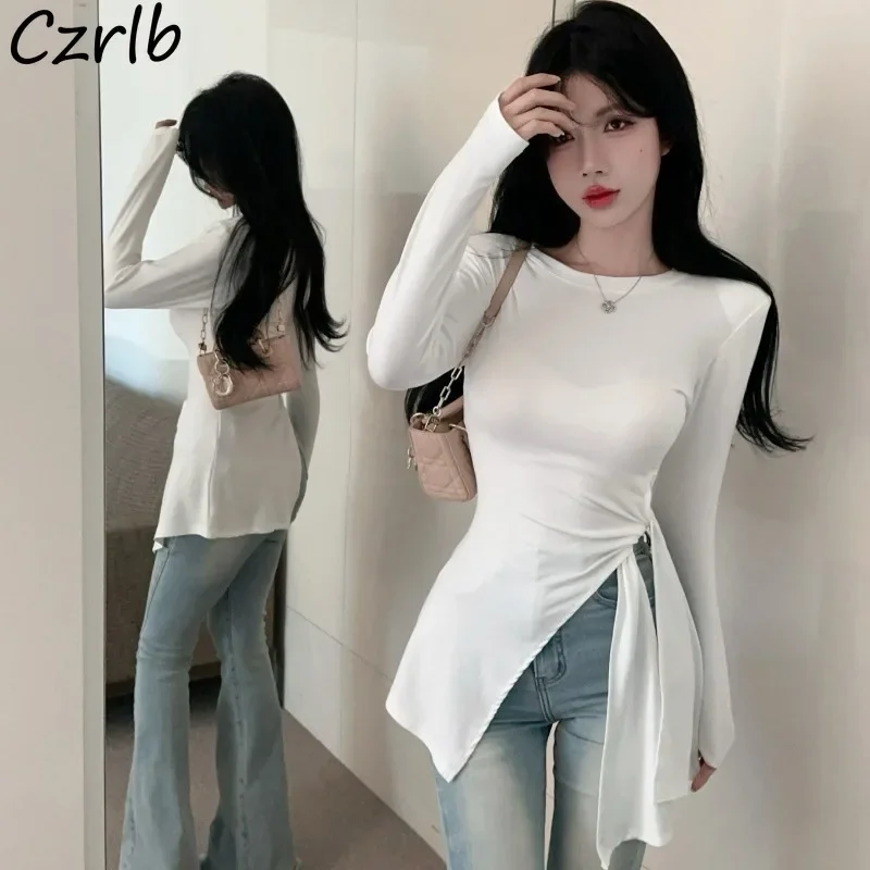 T-shirts Women Designed Clean Fit Side-slit High Street Bandage Streetwear Fashion Hipster Y2k Tops Korean Clothes Fall Ulzzang