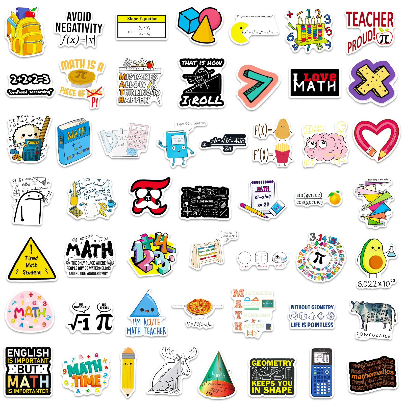 50Pcs Funny Math Letter Symbol Sticker Scrapbook Cartoon Notebook Skateboard Water Cup Decoration Waterproof Home Sticker