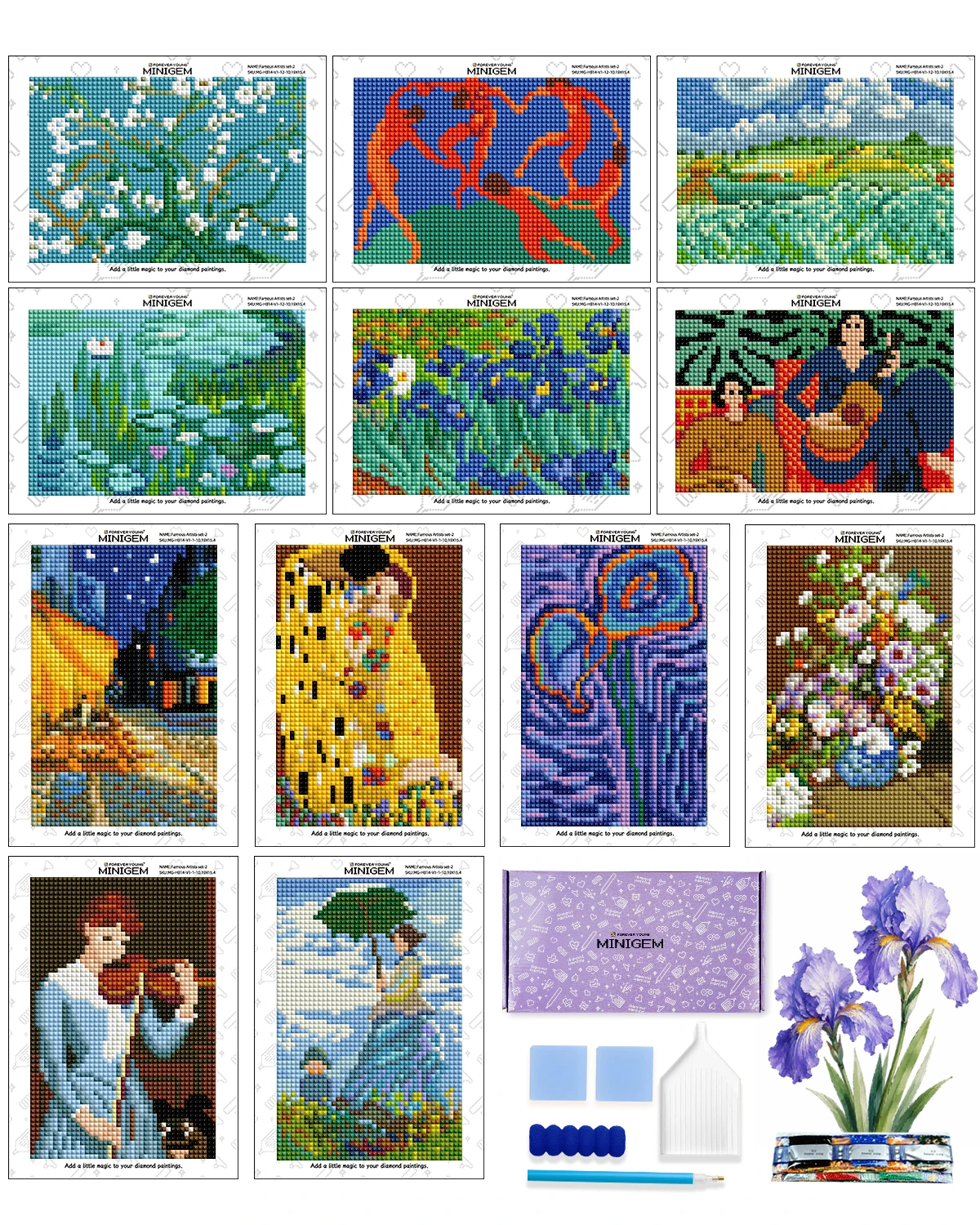 12‑in‑one Classic Famous Art Diamond Painting Set. Full Square Resin Drills with Partial AB Drills, High-Quality Flocking Canvas