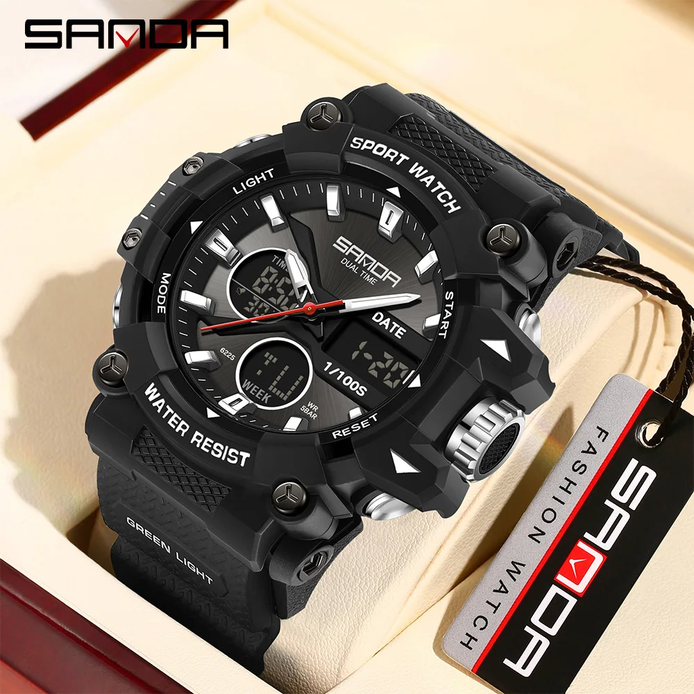 

SANDA 6225 Luxury Men's Watch Dual Screen Night Light Multi functional Outdoor Sports Waterproof Men's Electronic Watch 2026