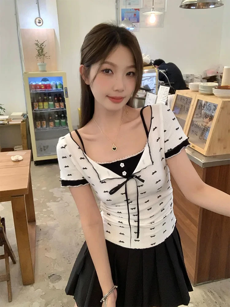 Korean Sexy Bow Short T-Shirts Summer New Design Two Piece Sets Slim Geometric Print Crop Tops Women Fashion Square Collar Tees