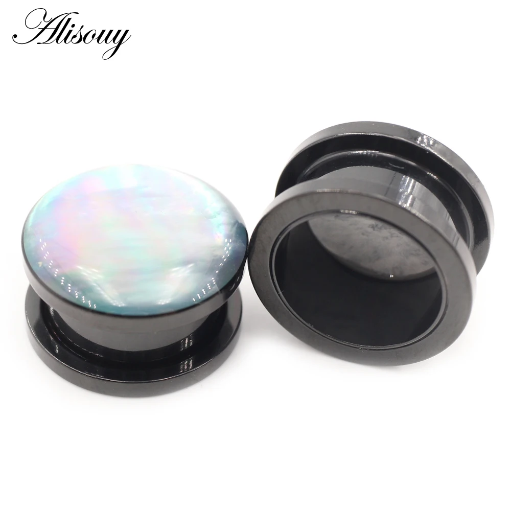 Alisouy 2PCS Black Stainless Steel Inlay Shell Thread Ear Gauges Tunnels Plugs Expander Stretcher Earrings Piercing Body Jewelry