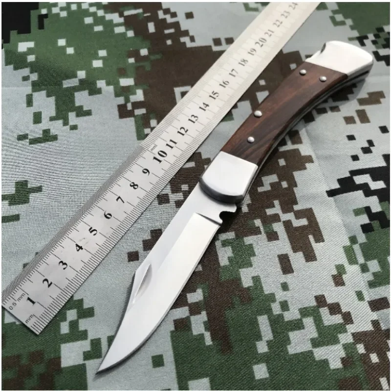 BK 110 Pocket Folding Knife D2 Blade G10/Wooden Handle Outdoor Camping Knives Tactical Utility EDC Tool with Cowhide Sheath