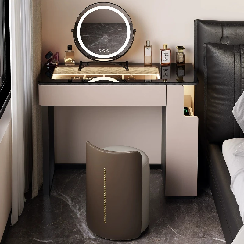 Italian Minimalist Vanity Table Combined Nightstand with USB Charging LED Makeup Mirror Dressing Desk Bedroom Cosmetic Dresser