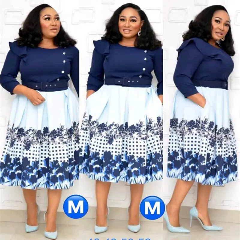 

rican Big Size Office Faion Dr Women's 6XL Street Sle Printed Midi A-Line Skirt round Ne ort Sve Casual Dr