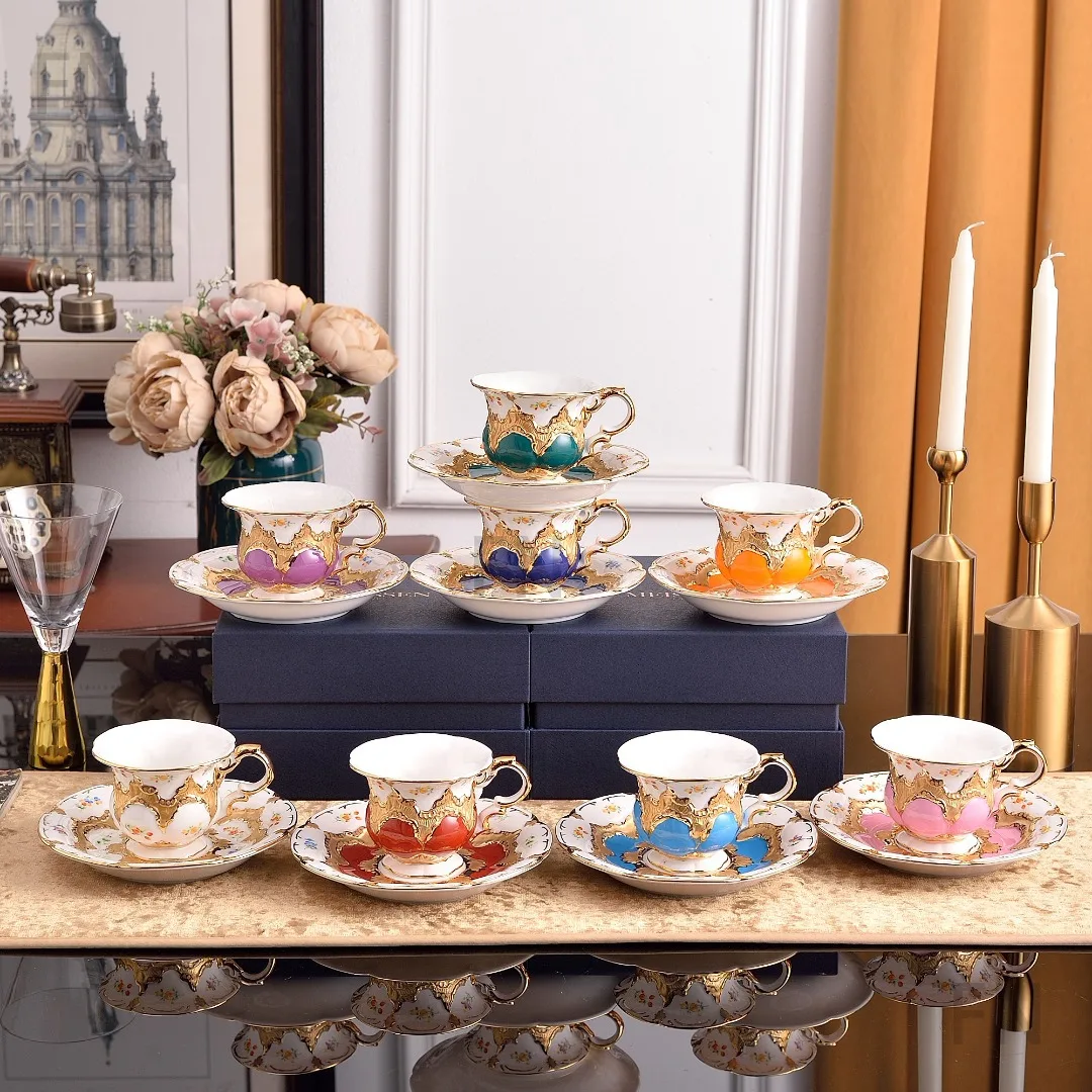 

European Style Porcelain Coffee Cup And Saucer Set Luxury Palace Gilded Design Fine Bone China Single Espresso Set For Home Use