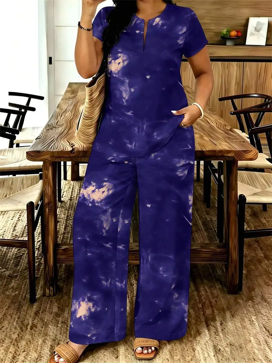 

Casual Plus Size Womens Tie Dye Short Sleeve Straight Leg Pants Two Piece Set