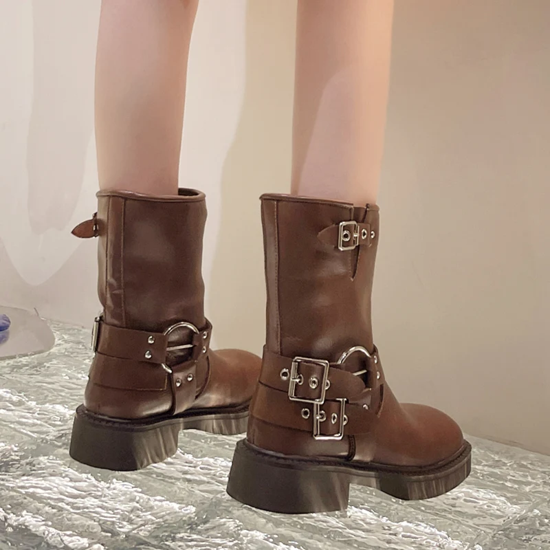 Punk Style Buckle Strap Mid-Calf Boots Women Black PU Leather Platform Western Boots Woman Big Size Square Toe Thick Heels Boots