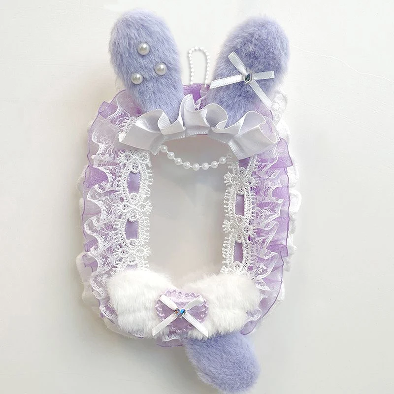 Handmade square photocard holder, fluffy bunny‑ear decor, lace ruffle trim, satin bow ornaments, faux‑pearl detail, clear PVC for 3‑inch collectible cards, protective display case for hobby card collections