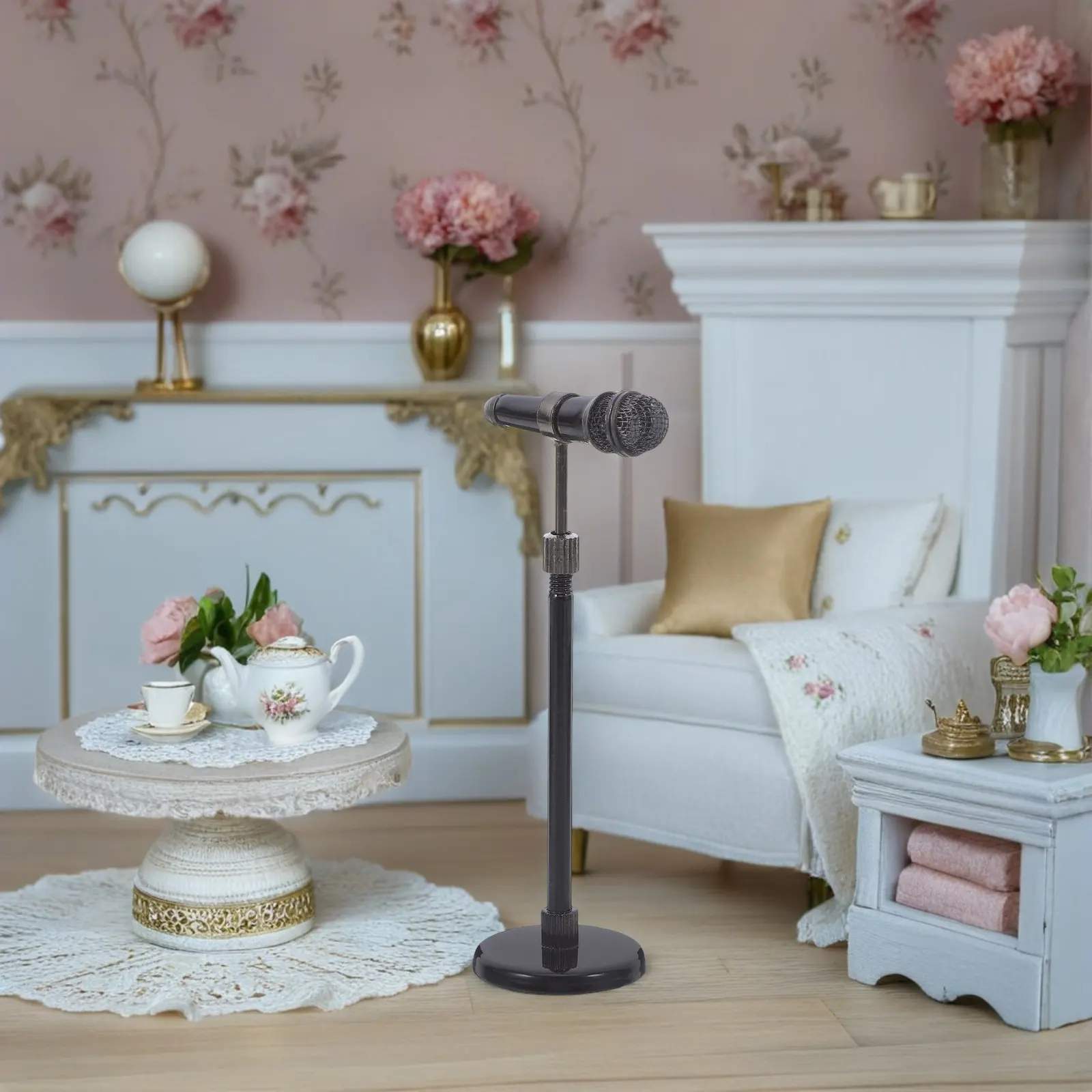 

Миниатюрный микрофон-реквизит с детальной металлической отделкой, музыкальный инструмент для кукольного домика, украшение для творческого оформления рабочего стола