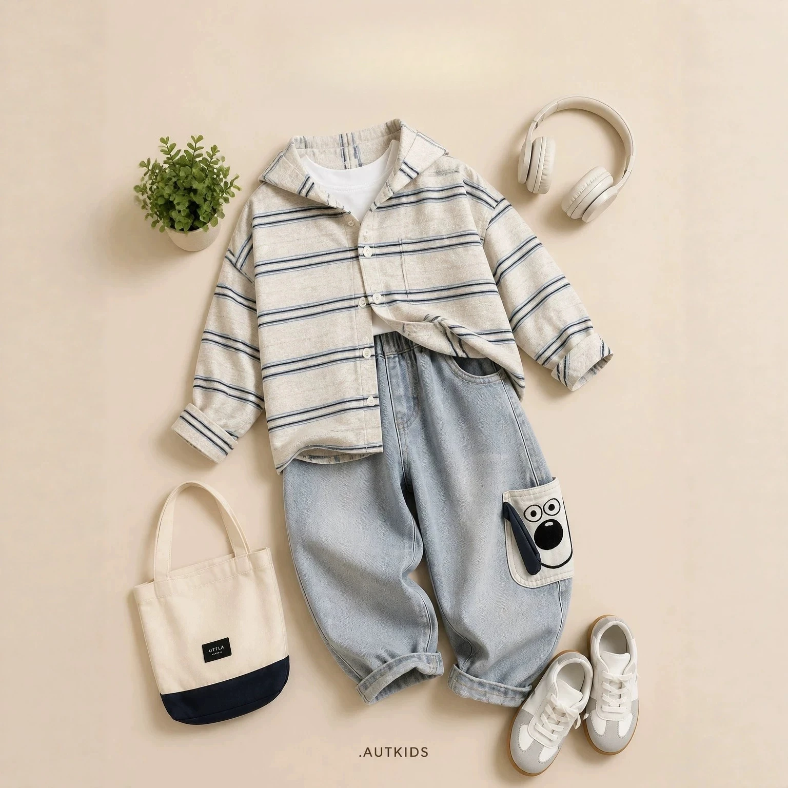Kids Korean Autumn Sets Strip Hooded Coat and Cartoon Loose Jeans Causal Two Price Sets