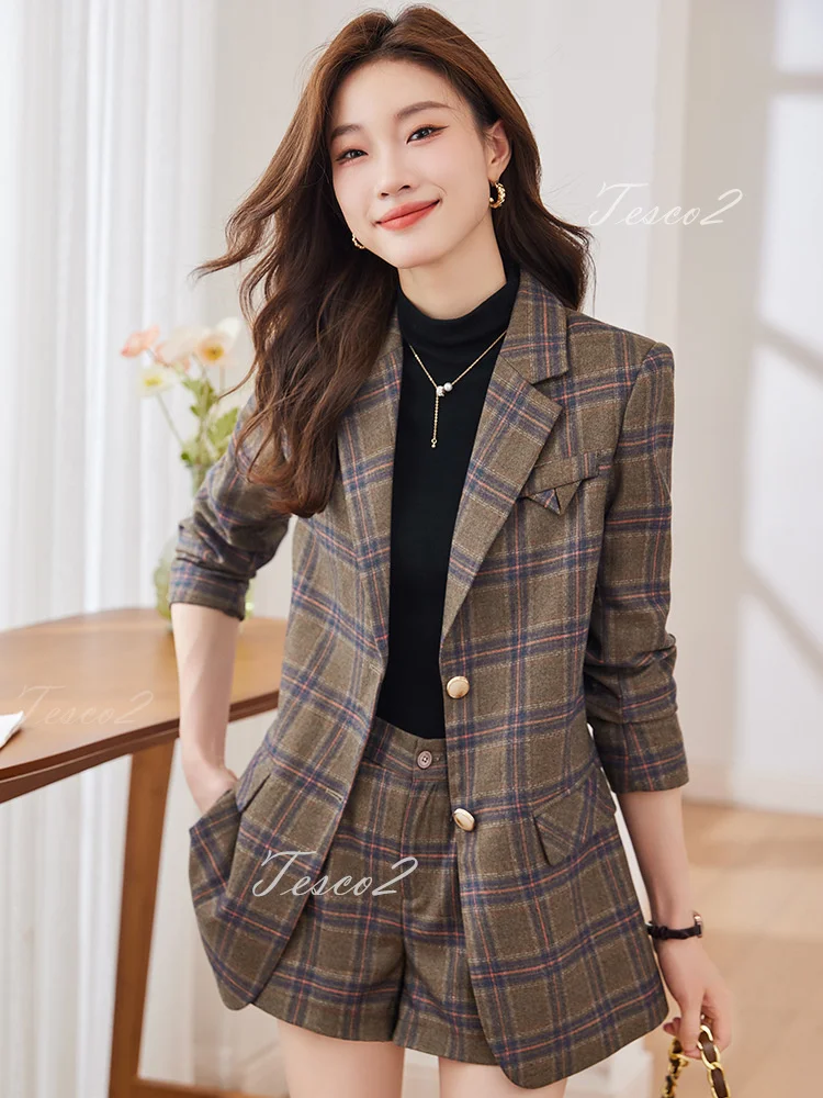 Tesco Fashion Plaid Women\'s Suit Blazer Spring Short Pants 2 Piece Casual Outfits For Prom Party England Style Pantsuit